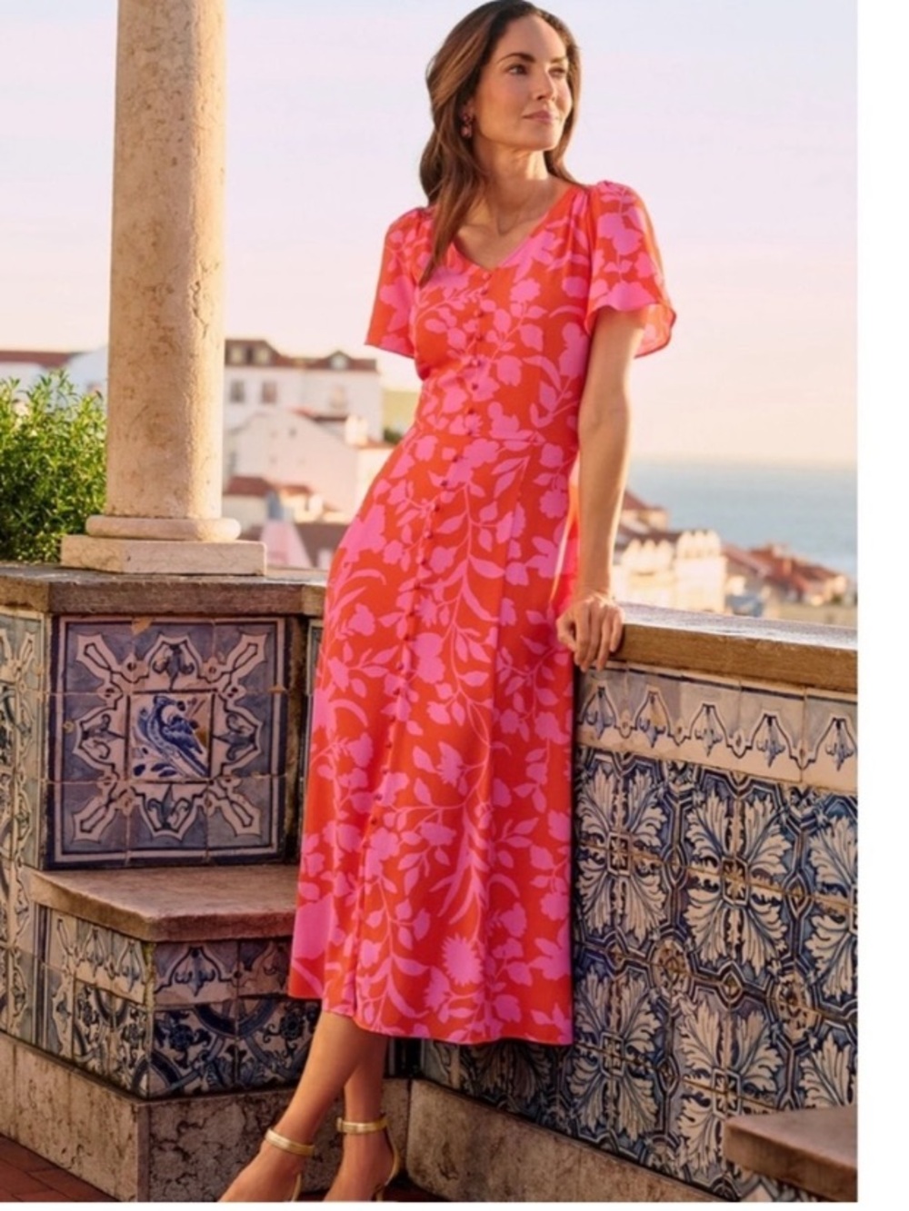 Talbots Silhouette Garden Crepe Pink Orange Button Short Sleeve Midi Dress 16